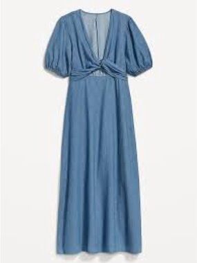 Old Navy Twist-Front Maxi Dress Denim Fit & Flare Puff Sleeve Med